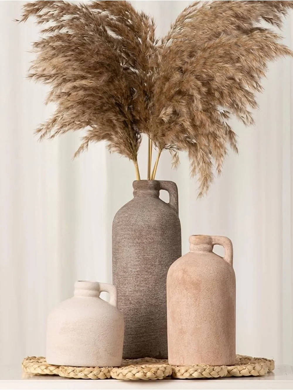 Set of 3 Textured Ceramic Decorative Vase - Neutral Tones
